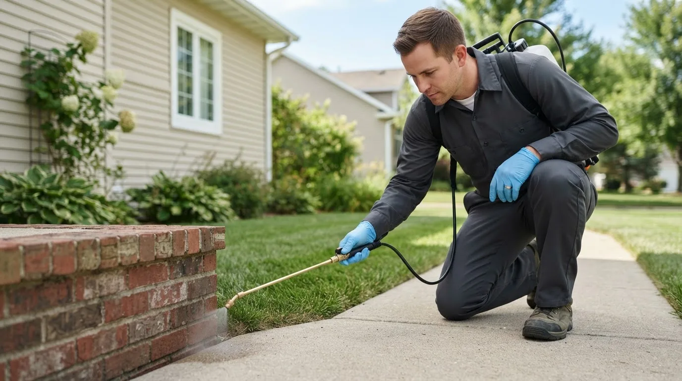 Pest control technician treating a home near Hancock, IA