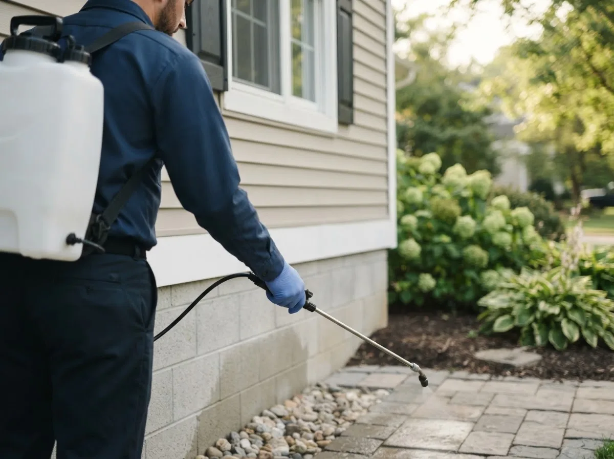 Pest control technician inspecting a home in Hancock, IA